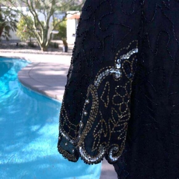 Laurence Kazar Silk Blouse Size PP Vintage Black Gold Beaded Lined Shoulder Pads - Picture 11 of 12